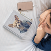 Girl listening music with her custom notebook journal with her dog on it